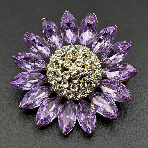 Yellow Gold with Amethyst and Diamond Crystal Round Sunflower Pin Back Brooch - Picture 1 of 9